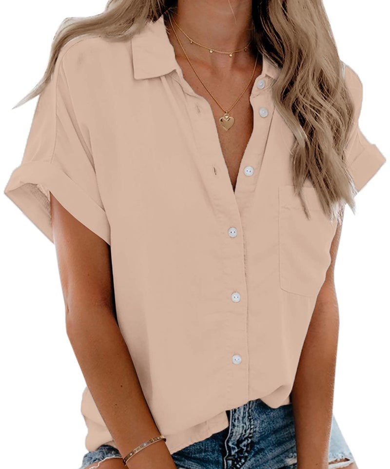 Beautife Womens Short Sleeve Shirts V Neck Collared Button Down Shirt Tops with Pockets Pink - Image 1